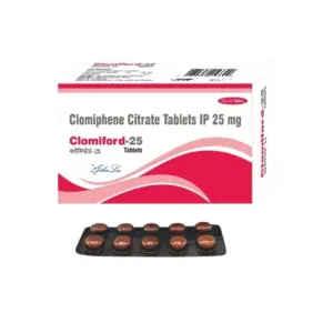 Clomiford 25mg tablet pack for fertility treatment, featuring clomiphene citrate, used to support ovulation under medical supervision.